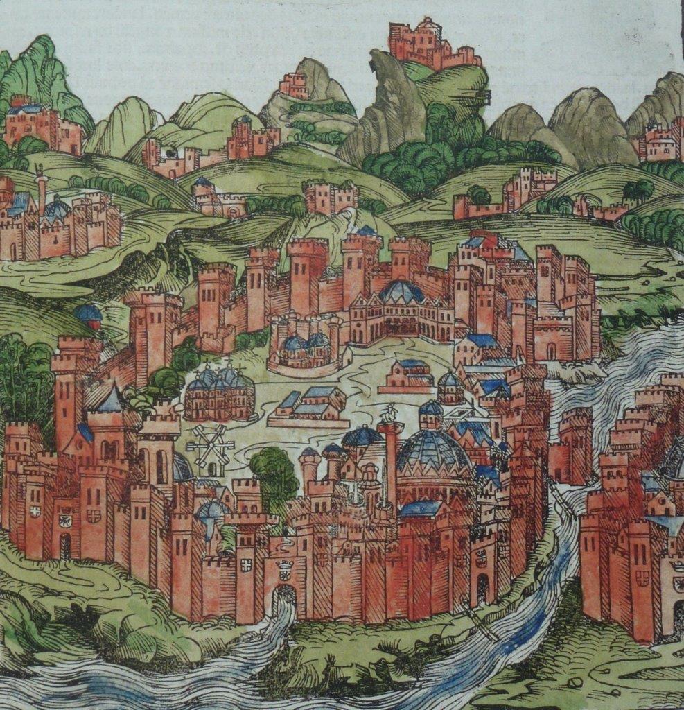 Hartmann Schedel’in 1493 yılınde Nuremberg’te basılan Liber Chronicarum adlı kitabında Tarihi Yarımada ve Galata’nın tasviri (Belçika Kraliyet Kütüphanesi)
